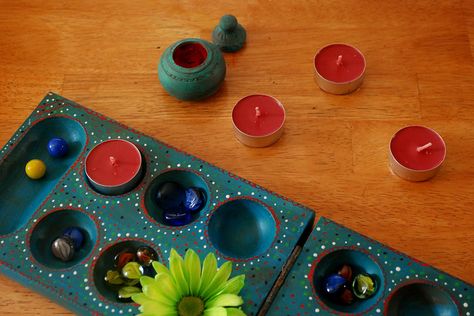 mancala board....I'm thinking an old cookie or muffin pan will also work just fine! Mancala Board, Mancala Game, Wooden Board Games, Pottery Lessons, Painted Boards, Ceramics Ideas Pottery, Diy Canvas Art Painting, Diy Canvas Art, Diy Canvas