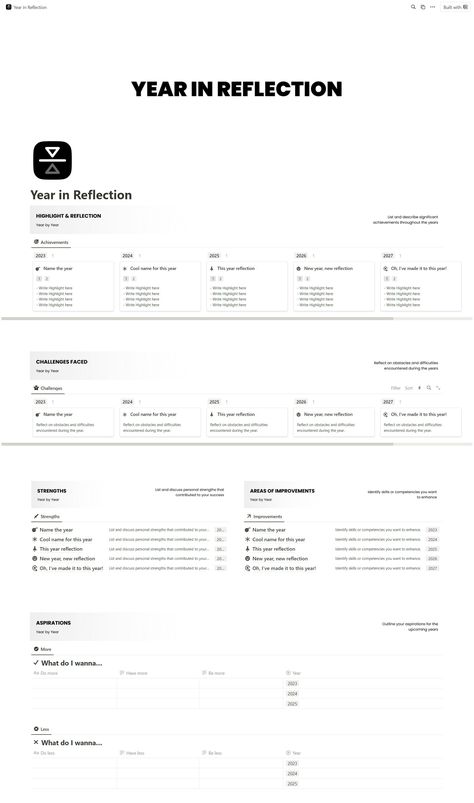 Free Notion Year in Reflection (Yearly Review) Reflection Template, Yearly Review, Study Planner Free, Free Notion Templates, Notion Ideas, Interactive Dashboard, Life Planner Organization, Etsy Planner, Aesthetic Notion