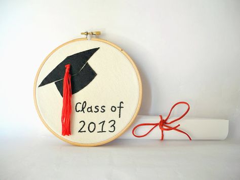 Class of 2013, graduation gift, College Graduation, Hand embroidery hoop wall art, mortarboard, red tassel Graduation Embroidery, Hoop Wall Art, Paper Garlands, Class Of 2013, Embroidery Hoop Wall, Embroidery Hoop Wall Art, Senior Gifts, Floral Embroidery Patterns, Hand Embroidery Videos