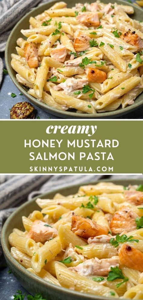 Creamy Honey Mustard Salmon Pasta Salmon With Noodles Recipes, Pasta Sides For Salmon, Honey Mustard Chicken Pasta, Salmon And Pasta Recipes Healthy, Easy Salmon Pasta Recipes, Honey Mustard Pasta Salad, Salmon And Noodles Recipes, Mustard Pasta Sauce, Canned Salmon Pasta Recipes