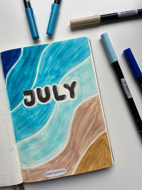 Summer Notebook Cover, Art Cover Page Ideas, July Journal Ideas, Beach Bullet Journal, Journal Cover Inspo, July Bullet Journal Cover, July Cover Page, July Bujo, Beach Journal