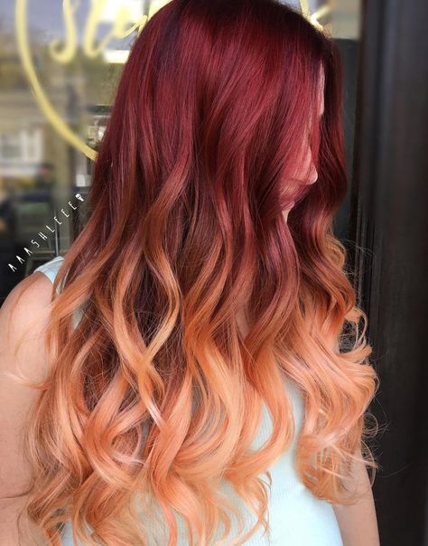 Burgundy Red And Peach Split Burnt Orange Hair Color, Burnt Orange Hair, Orange Hair Color, Cheveux Oranges, Hair Color Orange, Bright Red Hair, Beautiful Hair Color, Ombre Hair Color, Color Number