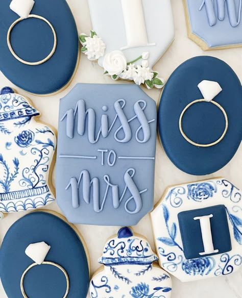 Kitchen Tea Cookies Decorated, Blue White Engagement Decor, Blue And White Cookies Decorated, Something Blue Shower Favor, Navy Blue Wedding Cookies, Navy And White Bridal Shower Ideas, Bridal Tea Cookies, White And Blue Engagement Party, Hues Of Blue Wedding