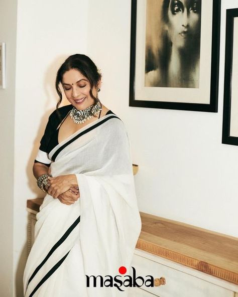 Masaba on Instagram: "@neena_gupta in @houseofmasaba • The Cotton Chanderi Sportee Saree with the arm warmer blouse is limited edition and light as a feather. 🪶 *link in bio To pre book this saree* • Styled by @aakrutisejpal 👶" Neena Gupta, Saree Jackets, Traditional Blouse Designs, Raw Silk Saree, Light As A Feather, Photography Poses Women, Neck Piece, Comfortable Heels, Saree Styles