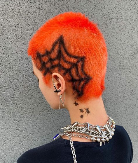 feeling spooky today 🕷🕸😳🧡 Halloween Hair Dye, Shaved Head Styles, Web Design Black, Shaved Head Designs, Egg Head, Hair Colour Design, Spider Web Design, Funky Hair, Buzzed Hair