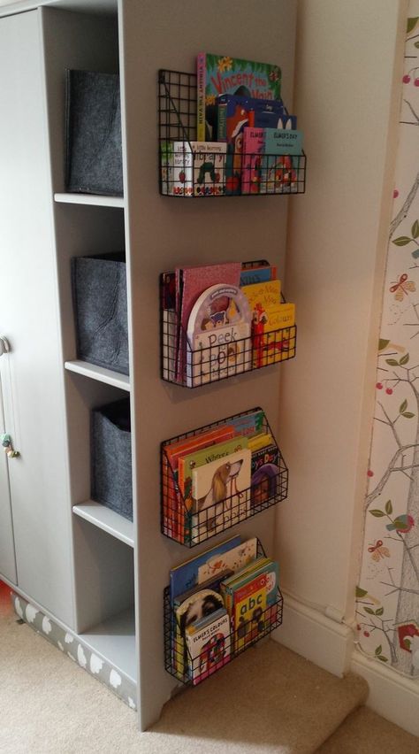 Half Playroom Half Bedroom, Daycare Craft Organization, Toddler Library Ideas, Small Room Kids Ideas, Small Kids Bedroom Organization, Narrow Shelf Decor, Kids Room Organization Small Spaces, Diy Playroom Decor, Storage Ideas For Kids Room