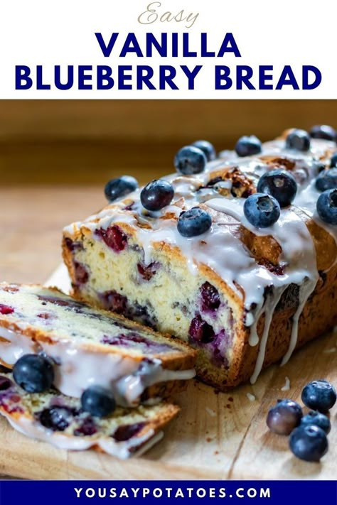 Sliced blueberry bread with vanilla drizzle. Blueberry Recipes Easy, Blueberry Loaf Cake, Dessert Loaf, Blueberry Loaf Cakes, Blueberry Bread Recipe, Blueberry Desserts Recipes, Blueberry Loaf, Blueberry Breakfast Cake, Blueberry Cake Recipes