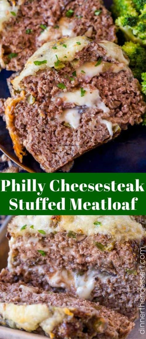 Philly Cheesesteak Meatloaf - Dinner, then Dessert Cheesesteak Meatloaf, Stuffed Meatloaf, Meatloaf Dinner, Philly Cheesesteak, Philly Cheese Steak, Meatloaf Recipes, Provolone, Beef Dishes, Ketogenic Recipes