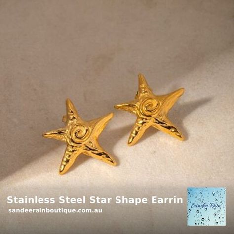 😍 Stainless Steel Star Shape Earrings 😍 by Sandee Rain Boutique starting at $49.00 * Pieces: 1-piece * Material: 18K gold-plated, Stainless steel * Care instructions: 1. Use a soft cloth to wipe. After each wear, you can use a soft cloth to wipe. 2. Avoid contact with water, as prolonged exposure to moisture can cause discoloration. 3. Store properly. If not wearing the jewelry for a long time, it is recommended to store it properly to avoid prolonged exposure to air, which can cause o... Trendy Stud Earrings, Starfish Earrings, Golden Star, Star Studs, Star Earrings, Star Shape, Shape Patterns, Real Gold, Gold Earrings