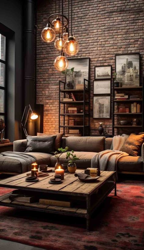 Bask in cozy intimacy with a small-scale exposed brick living room, blending modern hygge with warm textiles and earthy hues. The artful juxtaposition of minimalism and comfort unfolds in this snug urban retreat. See more on Nymphs Daily Blog. Exposed Brick Living Room, Brick Living Room, Industrial Style Living Room, Industrial Living Room, Living Room Industrial, Brick Interior, Industrial Living, Industrial Livingroom, Industrial Interior Design