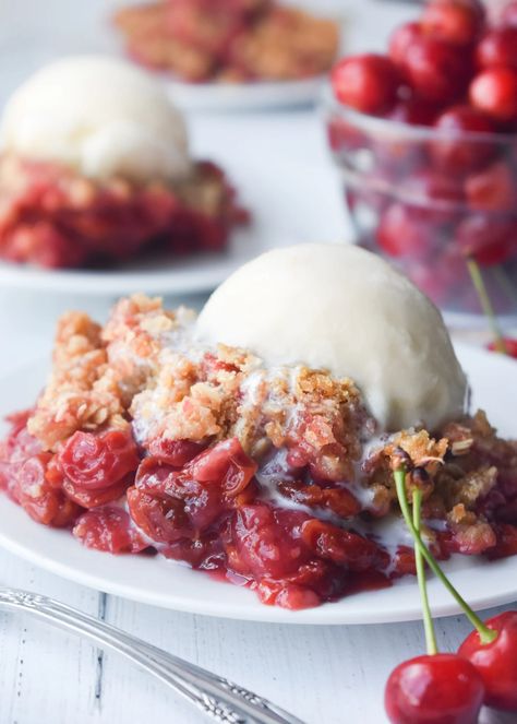 (Easy) Tart Cherry Crisp • Dance Around the Kitchen Easy Sweet Treats, Cherry Crisp Recipe, Tart Cherries Recipes, Sour Cherry Recipes, Rhubarb Crunch, Dance Around The Kitchen, Cherry Recipes Dessert, Cherry Cobbler Recipe, Pumpkin Crisp