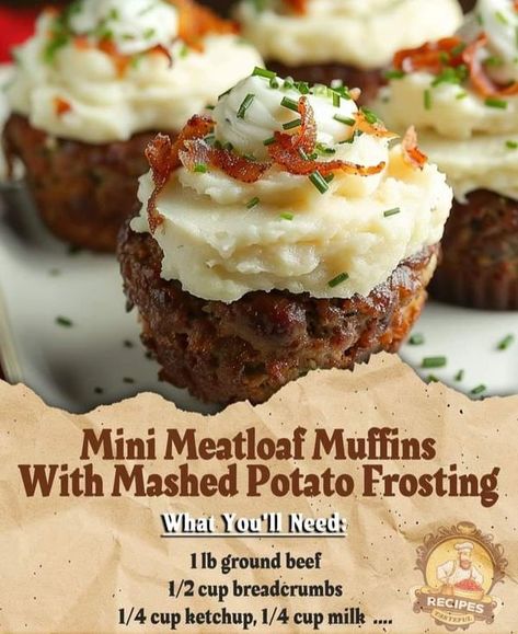 Antonia Lofaso | Mini Meatloaf Muffins with Mashed Potato Frosting  | Facebook Mini Meatloaf Muffins, Savory Meatloaf, Savory Cupcakes, Meatloaf Cupcakes, Mini Meatloaf, Mini Meatloafs, Whipped Potatoes, Meatloaf Muffins, Potato Toppings