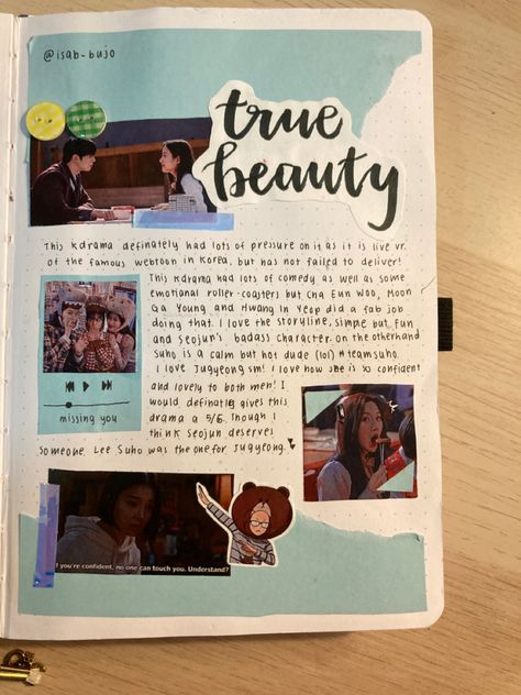 Kdrama Scrapbook Ideas, True Beauty Journal, Kdrama Journal Ideas, K Drama Journal, Twice Journal Ideas, Kdrama Journal, Bullet Journal Films, Travel Magazine Design, Drama Journal