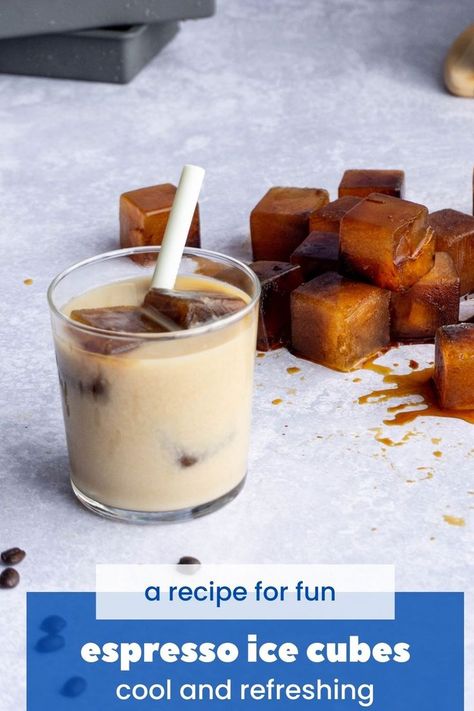 Espresso ice cubes are scattered on a countertop next to a homemade coffee beverage. Coffee Ice Cubes Recipe, Homemade Espresso, Ice Cube Recipe, Coffee Beverages, Coffee Ice Cubes, Coffee Ice, Easy Coffee, Real Ingredients, Summer Glow