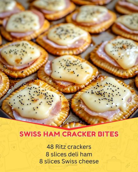 Ham And Swiss Cheese Cracker Melts, Ham And Swiss Cracker Melts, Cracker Bites, Norway Christmas, Savory Ham, Ham And Swiss, Dips And Appetizers, Cheese Appetizers, Ritz Crackers