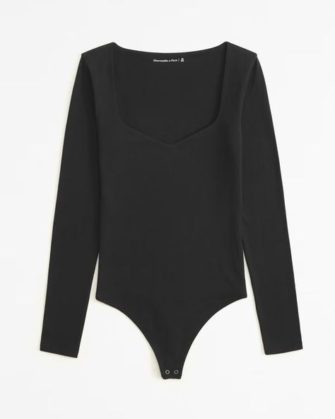 Long-Sleeve Cotton-Blend Seamless Fabric Sweetheart Bodysuit | Abercrombie & Fitch (US) Sweetheart Bodysuit, Black Long Sleeve Bodysuit, Orange Bodysuit, Black Bodysuit Longsleeve, Bodycon Bodysuit, Red Trench Coat, Deep Winter, Short Cardigan, Knit Bodysuit