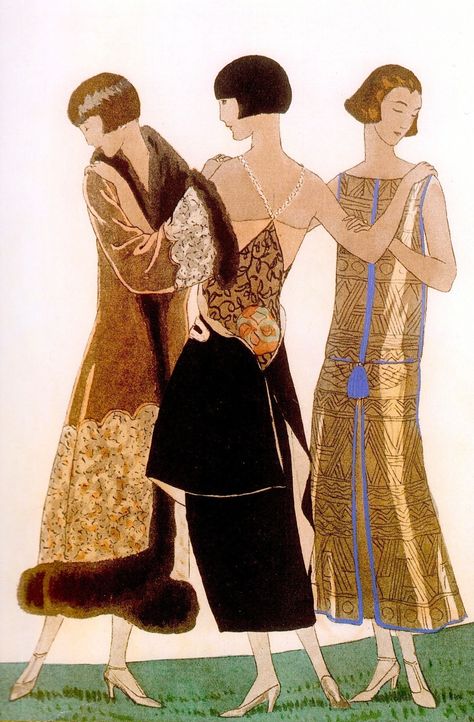 'The Three Graces' Evening Dresses by Paul Poiret.  Illustration (detail)  by André Edouard Marty 1924. for Gazzette du Bon Ton  (from Art Deco the Golden Age of Graphic Art & Illustration by Michael Robinson & Rosalind Ormiston 2013) please follow minkshmink on pinterest) #flapper #twenties #jazzera #artdeco #fan #eveningdress Style Année 20, Flapper Art, Paul Poiret, Art Deco Illustration, Three Women, Three Graces, Illustration Art Girl, Art Deco Pattern, 1920s Art