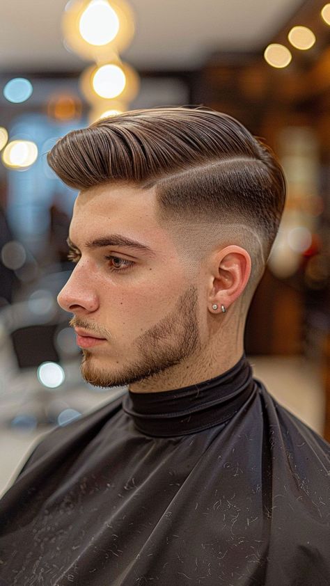 24 Pompadour Hairstyles to Enhance Your Appearance Mens Pompadour, Messy Pompadour, Short Pompadour, Gentleman Haircut, Pompadour Men, Shaved Design, Shaved Designs, Modern Pompadour, Pompadour Style