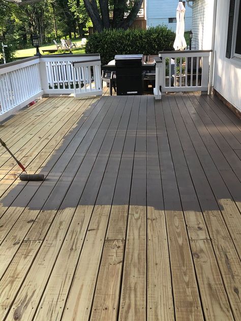 Black Deck Furniture Ideas, Exterior Deck Paint Colors, Brown Deck Decorating Ideas, Dark Grey Porch, White House Deck Color, Sherwin Williams Deck Stain Colors Solid, Gray Deck Stain, Deck Stain Colors Ideas Two Tone, Deck Colors For Gray House