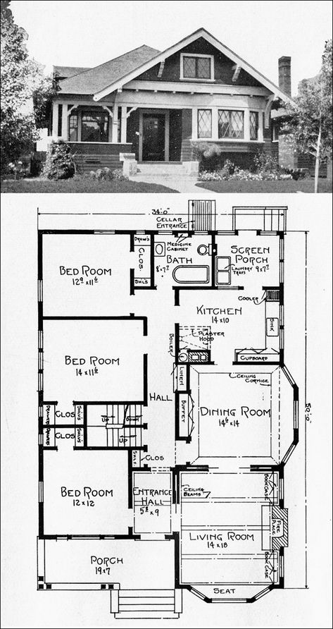 Historic Bungalow, Vintage Bungalow, Bungalow Plan, Construction Drawing, Vintage Floor Plans, Small Bungalow, Bungalow Floor Plans, California Bungalow, Cottage Floor Plans