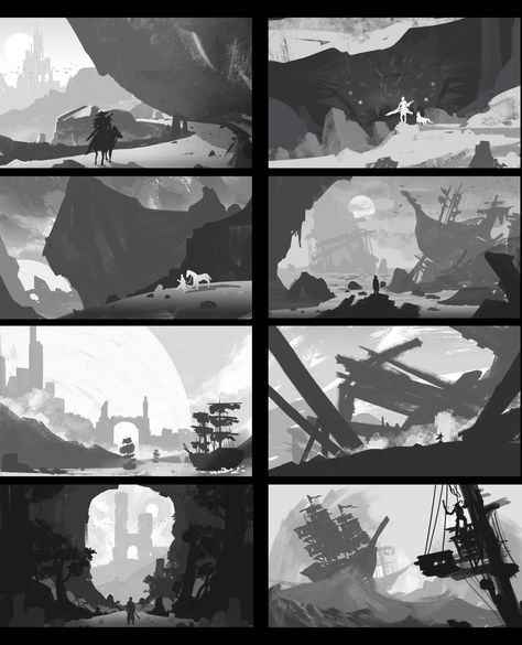 composition study #1 #2, taehoon kang on ArtStation at https://www.artstation.com/artwork/4KkZL Composition Environment, Landscape Thumbnails, Painting Fundamentals, Composition Tutorial, Ron Cobb, Composition Study, Concept Art Landscape, Value Painting, Environment Sketch