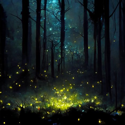 Magical Forest Aesthetic Night, Dark Mystical Forest Aesthetic, Firefly Forest Painting, Painting Fireflies, Magical Forest Illustration, Forest With Fireflies, Mystical Forest Art, Dark Enchanted Forest, Forest Fireflies