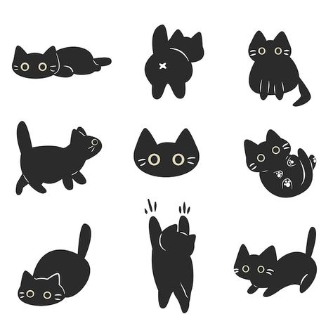 Cat Poses Illustration, Cartoon Cat Side View, Sleepy Cat Illustration, Cool Cat Illustration, Black Cat Illustration Cute, Cats Illustration Drawing, Cute Black Cat Drawing, Cat Poses Drawing, Black Cat Outline