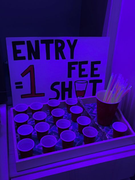 Shot To Enter, Single Taken Cups Party, Collage Party Ideas, Night Club Birthday Theme, Entrance Fee Shots, At Home Club Party, Techno Birthday Party, Bnb Party Ideas, 20th Birthday Party Ideas For Guys