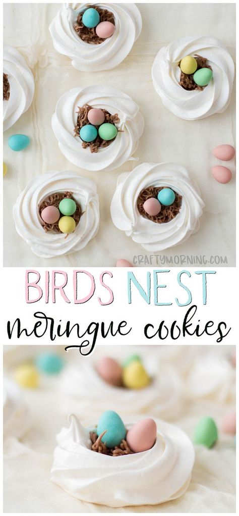 Make these adorable birds nest meringue cookies for Easter or spring time! Easter treat dessert idea for a party. Cute little egg candies in a brown nest. Easter cookie ideas. #meriguecookies #meriguedesserts #cookies #eastercookies #springcookies #springtreats #birdsnesttreats #eastertreats #craftymorning Easter Cookie Ideas, Cookies For Easter, Birds Nest Cookies, Chocolate Cadbury, Easter Cookie Recipes, Easter Nests, Easter Bunny Cookies, Desserts Ideas, Easter Sugar Cookies