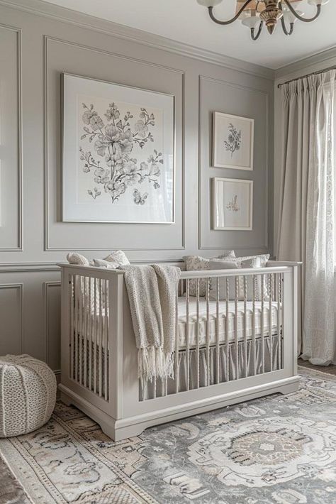 Nursery High Ceiling, Chair Rail Accent Wall Nursery, Tall Ceiling Nursery, Light Blue And White Nursery, Queen Bed In Nursery, Baby Nursery Panelling, Wall Paneling Ideas Nursery, Wayne’s Coating Nursery, Box Trim Nursery