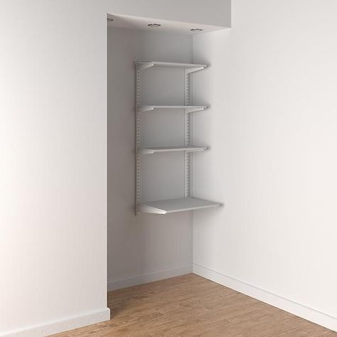 Elfa White Shelving Office Nook | The Container Store Elfa Office, Shelving Office, Melamine Shelving, Bedroom Planning, Nook Office, Shelving Organization, White Shelving, Coastal Style Bedroom, Modular Shelving System