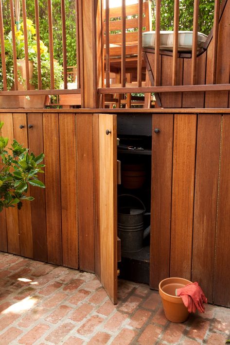 Under Deck Storage Ideas, Deck Storage Ideas, Under Deck Storage, Modern Backyard Design, Deck Skirting, Under Deck, Porch Storage, Deck Storage, Under Decks