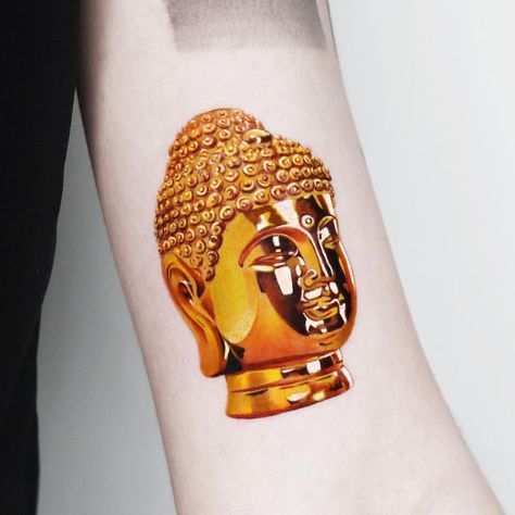 Gold Tattoo Ink, Religion Tattoos, Gold Buddha, Buddha Tattoo, Tattoo Prices, Gold Tattoo, Metal Tattoo, Japanese Sleeve, Glitter Tattoo