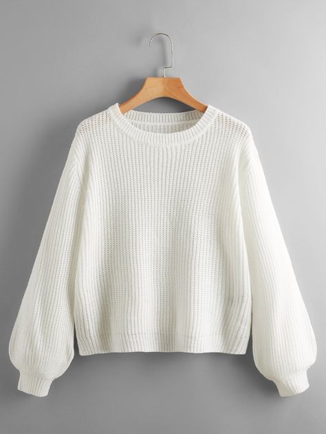 Adrette Outfits, Plain Sweaters, Lantern Sleeve Sweater, Striped Knitted Sweater, White Knit Sweater, Solid Sweaters, Women Sweaters, Cute Preppy Outfits, Drop Shoulder Sweaters