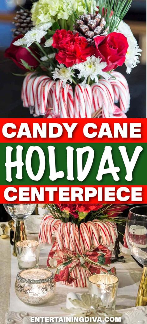 Candy Cane Holiday Centerpiece | DIY Christmas Decor Candy Christmas Centerpieces, Edible Christmas Centerpieces, Fun Christmas Centerpieces, Candy Cane Table Decorations, Christmas Candy Table Ideas, Candy Cane Table Decor, Candy Cane Centerpiece Ideas, Candy Cane Candle Holder, White Christmas Diy