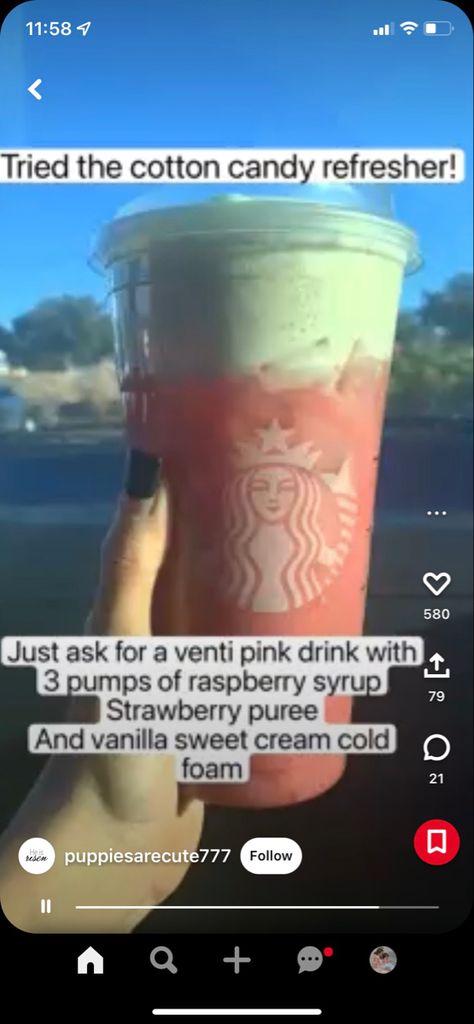 Cotton Candy Refresher Starbucks, Cotton Candy Starbucks Drink, Cotton Candy Starbucks, Cotton Candy Refresher, Starbucks Smoothie, Refresher Starbucks, Raspberry Drink, Starbucks Secret Menu Recipes, Iced Starbucks Drinks