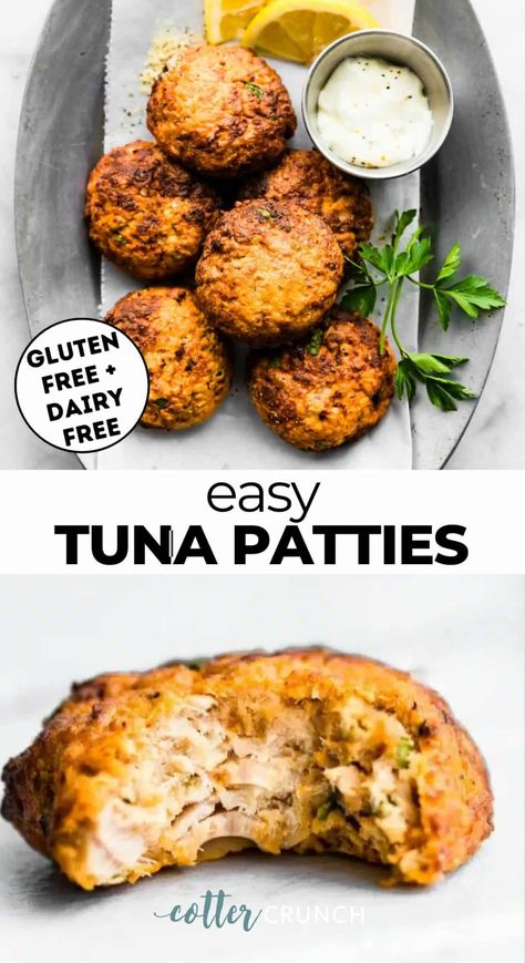 This Easy Tuna Patties Recipe features simple, gluten-free ingredients for a flavorful, budget-friendly meal or appetizer full of protein and nutrients. Cook the patties in the oven or air fryer, and serve them in gluten-free buns, on a salad, or with your favorite dip! Aip Tuna Patties, Gluten Free Tuna Patties, Gluten Free Tuna Cakes, Tuna Muffins Recipe, Tuna Nuggets Recipe, Tuna Patties Air Fryer, Aip Air Fryer Recipe, Tuna Snack Ideas, Baked Tuna Patties