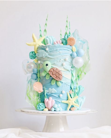 Oneder The Sea 1st Birthday Cake, Ocean Baby Shower Cake, Under The Sea Cake Ideas, Under The Sea Smash Cake, Under The Sea Theme Cake, Under Sea Cake, Rice Paper Sails, Under The Sea Birthday Cake, Sea Turtle Cake