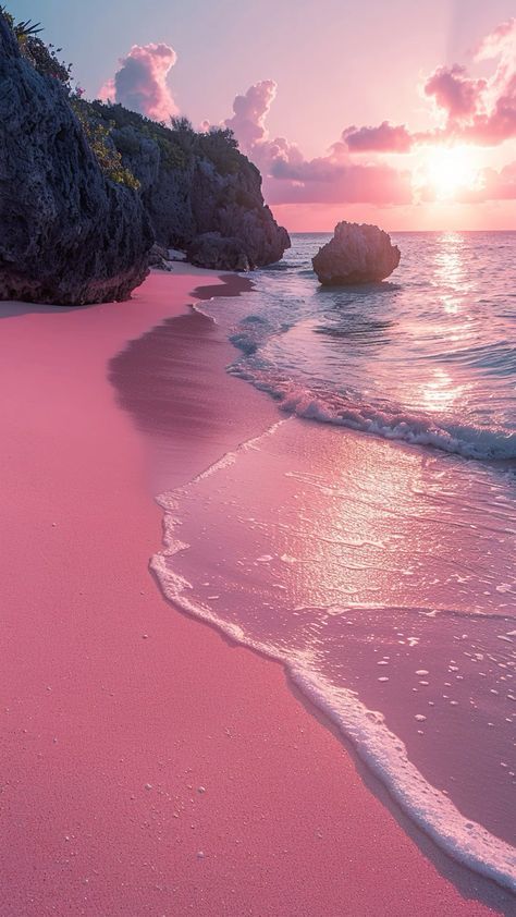 Pink Sand Beach Hawaii, Pink Sand Beach Bahamas, Pink Sands Beach, Pink Beaches, Pretty Beaches, Bermuda Pink, Pink Vacation, Pink Sand Beach, Pink Ocean