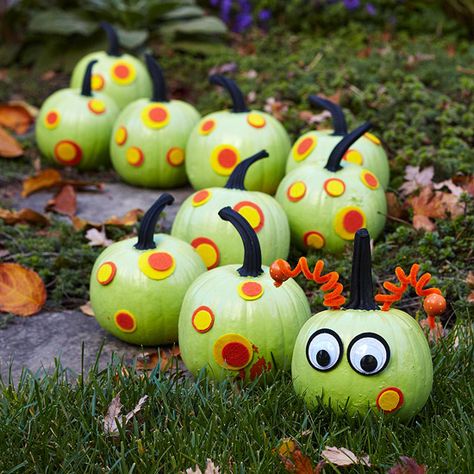 Create a kooky caterpillar to delight your trick-or-treaters! More painted pumpkin ideas: http://www.bhg.com/halloween/pumpkin-decorating/painted-pumpkin-ideas/?socsrc=bhgpin092713caterpillarpaintedpumpkins&page=1 No Carve Pumpkin Decorating, Hallowen Ideas, Halloween Tags, Theme Halloween, Unique Halloween, Outdoor Halloween, Fete Halloween, Painted Pumpkins, Easy Halloween