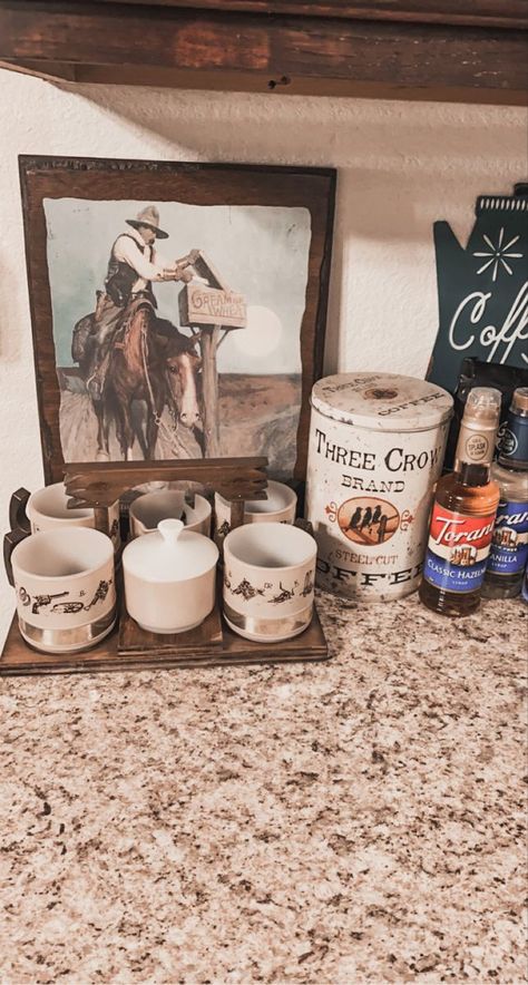 Western Kitchen Apartment, Southwestern Coffee Bar, Simple Western Kitchen, Western Decor Above Kitchen Cabinets, Western Coffee Table Decor Ideas, Western Coffee Bar Ideas, Western Apartment Decor Kitchen, Country Western Kitchen, Western Kitchen Wall Decor