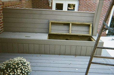 Deck Storage Bench, Deck Bench Seating, Cottage Deck, Garden Decks, Deck Bench, Deck Renovation, Deck Seating, Lake Ideas, Storage Bench Seating