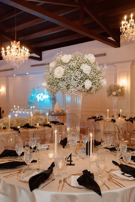 Tall Babies Breath Centerpiece Wedding Table Tall Centerpieces, Tall Table Centerpieces Wedding, Baby Breathe Center Piece Wedding, Babys Breath Wedding Ideas, Babies Breath Wedding Centerpieces, Floral Wedding Decorations Receptions, Tall Centerpieces For Party Elegant, White Roses And Babysbreath Centerpieces, Rose And Baby Breath Centerpiece