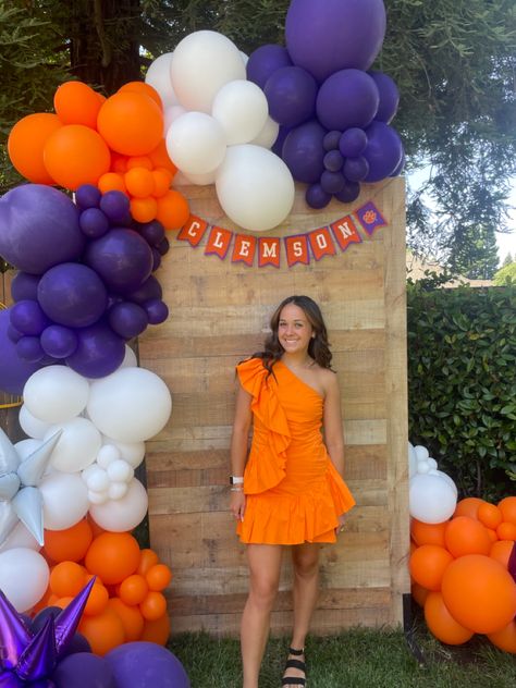 Purple And Orange Party Decorations, Clemson Themed Graduation Party, Clemson Party Ideas, University Of Florida Graduation Party, Graduation Party Ideas Preppy, Clemson Bed Party, Blue And Orange Graduation Party Ideas, Clemson Graduation Party, Clemson Party