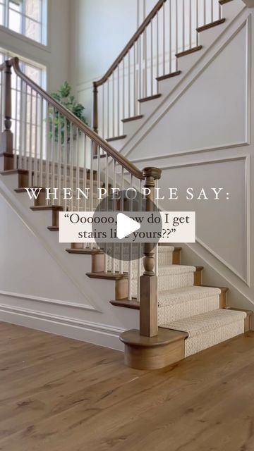 Andrea Nelson | Home Decor | Interior Decorating on Instagram: "Sharing all products for our stair parts ⬇️ (**You’ll want to SAVE this.)  As always, I am going to give you the EXACT product details below, because that’s what I do here at Stonebrook Home: share every detail 👇  I’ve always had a thing for beautiful stairs.  When we started building our home, I knew the stairs I wanted needed to have wood treads, a curvy stained wood handrail (including goosenecks), a classic newel post, a curtail bottom step, tapered balusters, a simple classic runner, and they needed to skirt the line of timeless and contemporary (like most of my home).   MATERIALS USED: _________________ **all purchased through @sunpro_corporation using primarily @ljsmithstairs materials… the numbers are LJ Smith product Timeless Staircase Design, Stair Newel Post Ideas, Stairs Farmhouse Ideas, Upgrade Staircase, Stonebrook Home, All Wood Staircase, Stain Handrail Stair Railing, Stair Steps Ideas, Stair Post Ideas