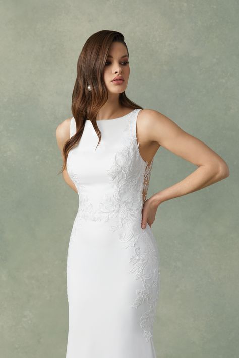 Justin Alexander - Style 88295: Crepe Fit and Flare Dress with Sabrina Neckline and Illusion Back Flare Gown Styles, Boat Neck Wedding Dress, Convertible Wedding Dresses, Sabrina Neckline, Justin Alexander Wedding Dress, Aline Wedding Dress, Wedding Dress With Pockets, Flare Gown, Justin Alexander