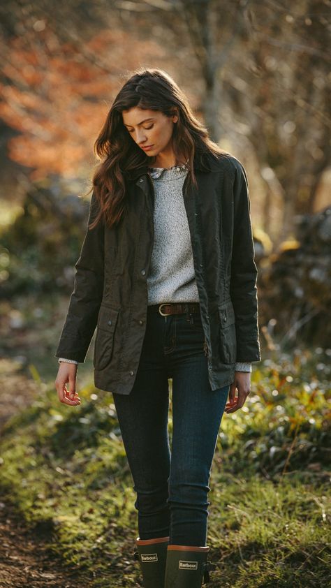 Barbour Beadnell Outfit, Scotland Fashion Spring, Barbour Coat Outfit, Classic Country Outfits Women, Autumn Country Outfits, Barbour Women Outfit, Rustic Outfits For Women, Countryside Aesthetic Outfit, Scottish Outfit Women