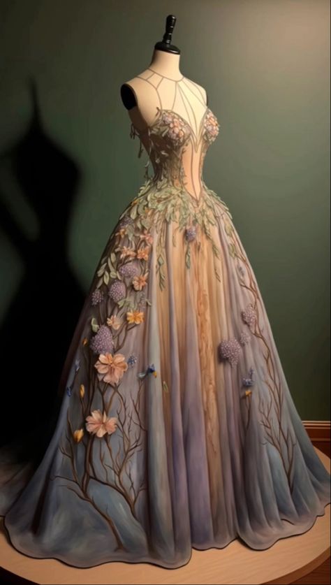 Nature Dress Aesthetic, Acotar Ball Gowns, Acotar Inspired Dresses, Spring Ball Dress, Acotar Clothing, Acotar Night Court Fashion, Spring Court Dress, Nature Gown, Acotar Dresses