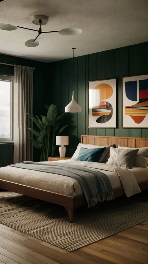 Eclectic Modern Interior Design, Modern Mid Century Design, Green Bedroom Mid Century, Mid Century Modern Bedroom Ideas Master, Bedroom Inspirations Master Mid Century Modern, Mid Century Modern Master Bed, Mid Modern Century Bedroom, Bedroom Modern Organic, Mid Century Modern House Decor