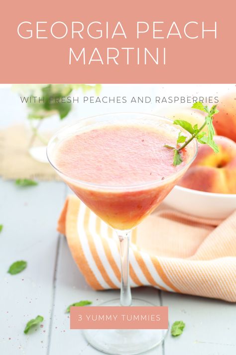 Its peach season and time for a Georgia Peach Martini with vodka, peaches, raspberries, peach liqueur and a fresh sprig of mint.  No messy crusts or hot ovens...just fresh, peachy perfection in a glass!  This martini was also inspired by the Georgia Peach cocktail at the Cheesecake Factory. Key Lime Pie Martini, Peach Martini, Solstice Ritual, Easy Fruit Pizza, Tasty Cocktails, Peach Vodka, Peach Cocktail, Hey Bartender, Cocktail Ideas